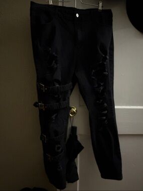Black Distressed Strap Detail Pants